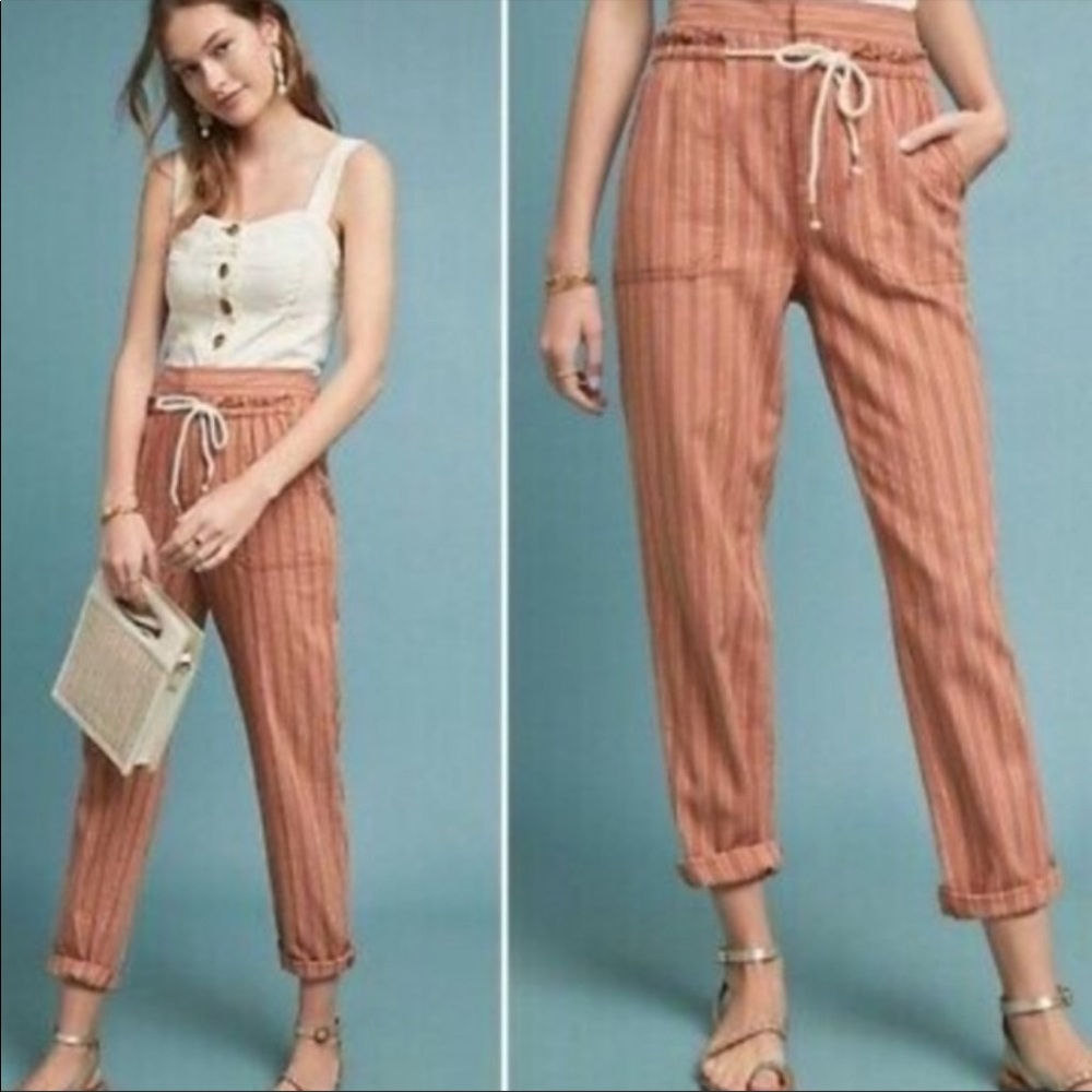 Anthropologie White and Orange Cropped Pants High-Waisted Drawstring
